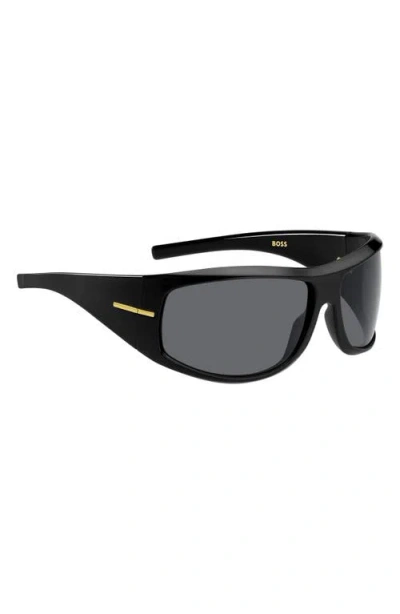 Hugo Boss Boss 70mm Rectangular Wraparound Sunglasses In Black