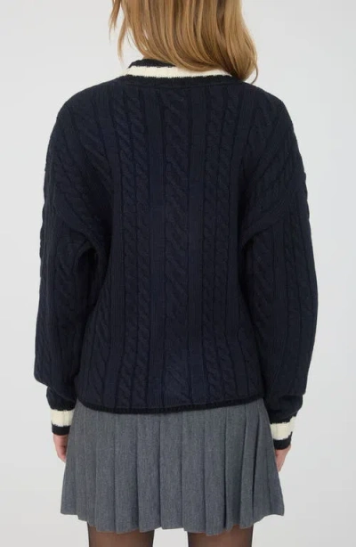 Blu Pepper Stripe Trim Cable Stitch Cardigan In Blue
