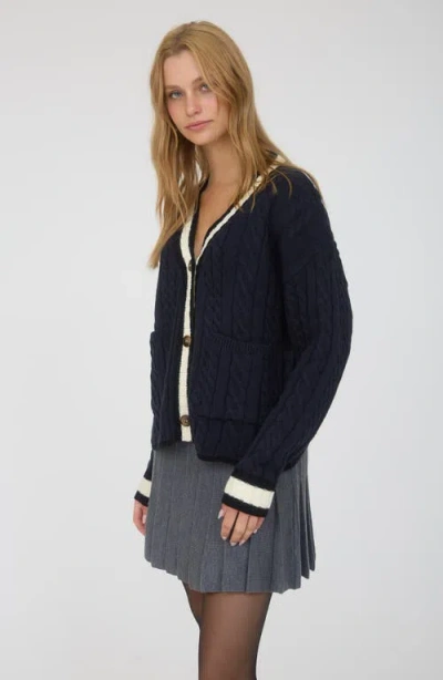 Blu Pepper Stripe Trim Cable Stitch Cardigan In Blue