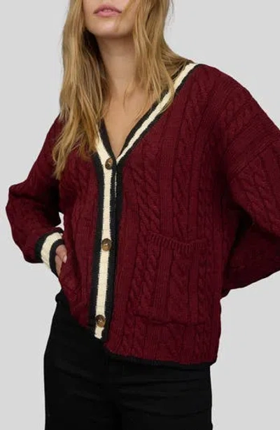 Blu Pepper Stripe Trim Cable Stitch Cardigan In Burgundy