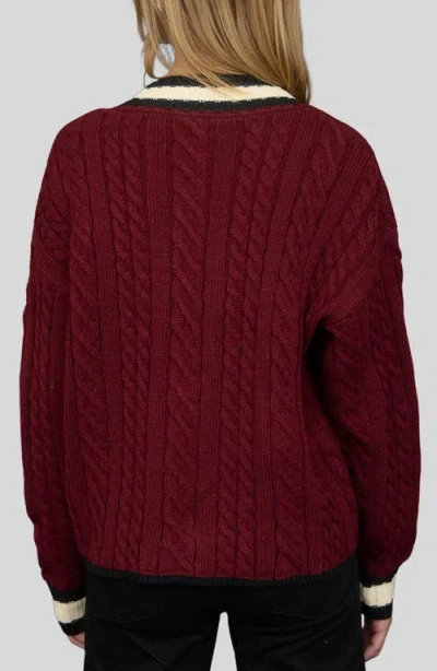 Blu Pepper Stripe Trim Cable Stitch Cardigan In Burgundy