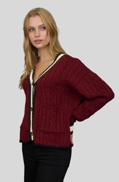 Blu Pepper Stripe Trim Cable Stitch Cardigan In Burgundy
