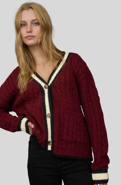 Blu Pepper Stripe Trim Cable Stitch Cardigan In Burgundy