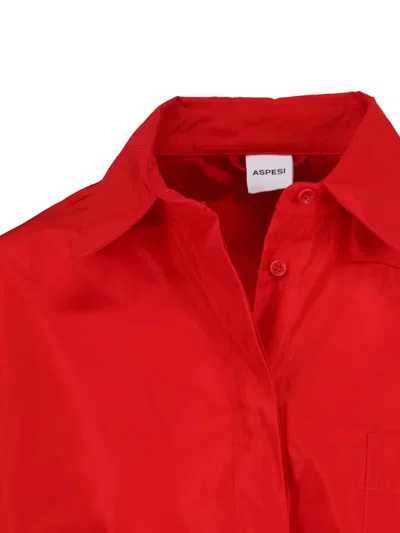 Aspesi Long Sleeve Collared Top Chest Pocket In Red