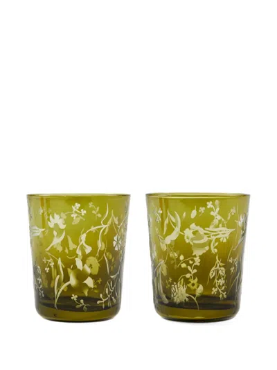 Polspotten Floral-etched Glass Tumblers In Green