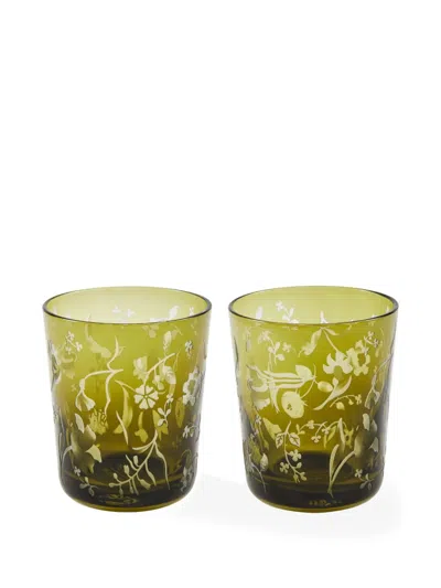 Polspotten Floral-etched Glass Tumblers In Green
