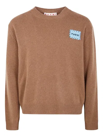 Marni Ribbed Cuff Crew Neck Knit Sweater In Brown