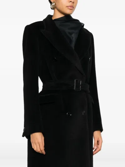 Tagliatore Long Double-breasted Wool Coat Belted Waist In Black