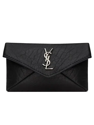 Saint Laurent Textured Leather Envelope Wallet Chain Detail In Black