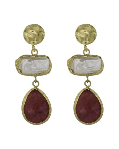 Ebru Jewelry Pearl Collection Plated Ruby Dangle Earrings In Gold