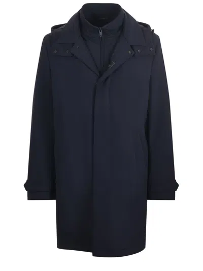 Fay Lightweight Blue Stretch Nylon Overcoat With Double-front Design In Blue