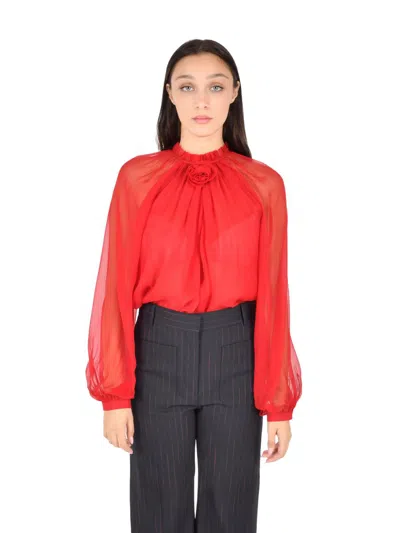 Alberta Ferretti Rose-detail High-neck Blouse In Red