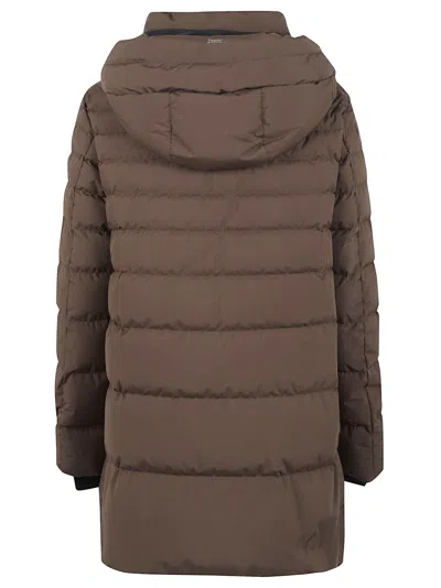 Herno Long Hooded Padded Quilted Jacket In Brown