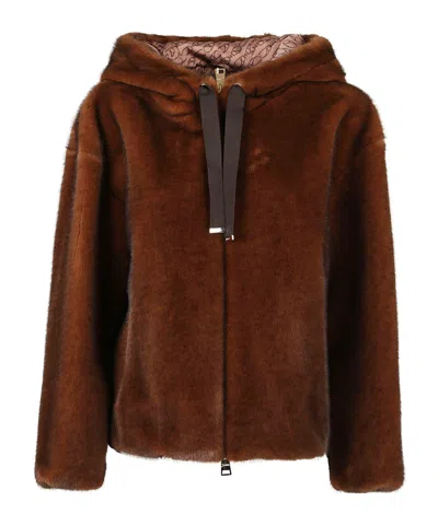Herno Dark Brown Faux Fur Bomber Jacket With Custom Drawstring Hood In Brown