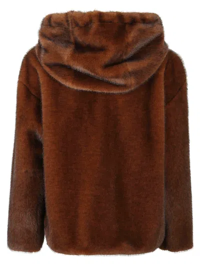 Herno Dark Brown Faux Fur Bomber Jacket With Custom Drawstring Hood In Brown