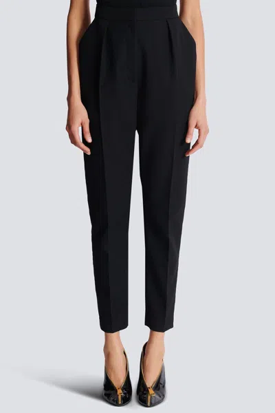 Balmain High Waist Pleated Tailored Wool Trousers In Blue