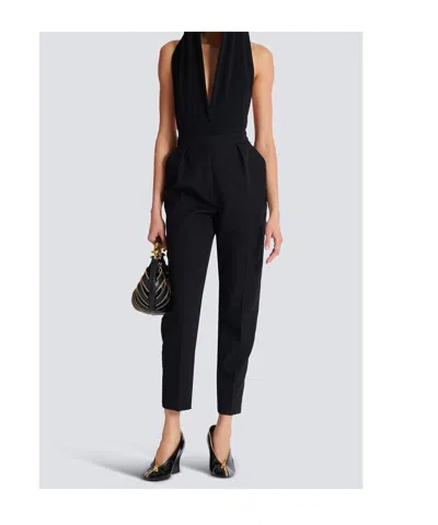 Balmain High Waist Pleated Tailored Wool Trousers In Blue