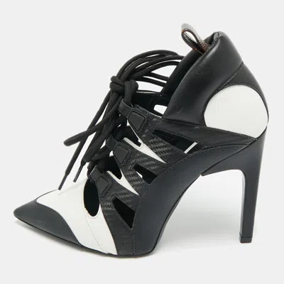 Pre-owned Louis Vuitton Black/white Cutout Leather Lace Up Booties Size 38