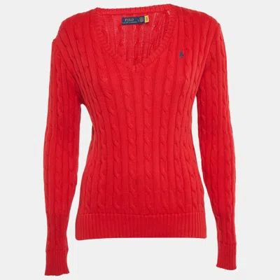 Pre-owned Polo Ralph Lauren Red Cable Knit V-neck Sweater L