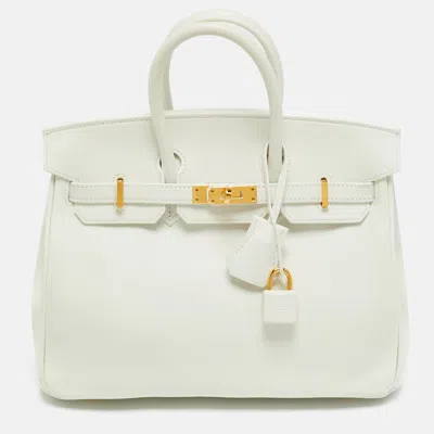 Pre-owned Hermes New White Swift Leather Gold Finish Birkin 25 Bag