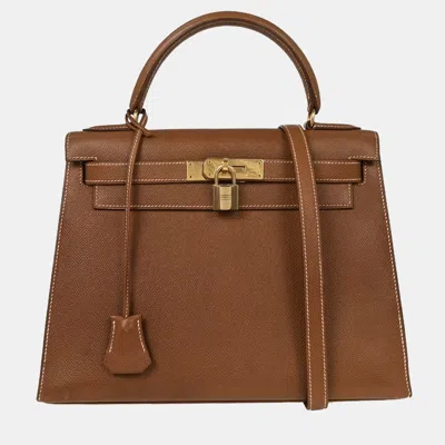 Pre-owned Hermes Gold Courchevel Kelly 28 Sellier 2way Handbag