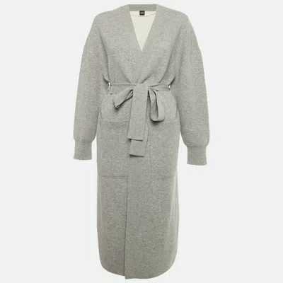 Pre-owned Boss By Hugo Boss Grey Wool Knit Belted Febrana Cardigan L In Gray