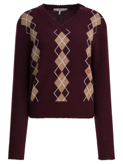 Chloé Burgundy Wool Cashmere Argyle Knit Sweater In Burgundy