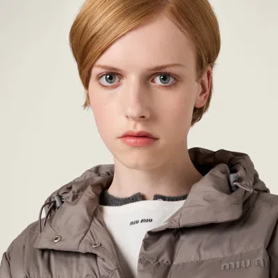 Miu Miu Hooded Down Jacket In Gray