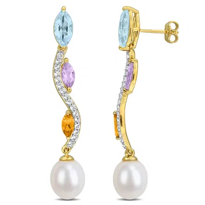 Mimi & Max 9mm Cultured Freshwater Pearl 10 3/4ct Tgw Blue Topaz Citrine White Topaz Earrings Yellow Silver In Multi