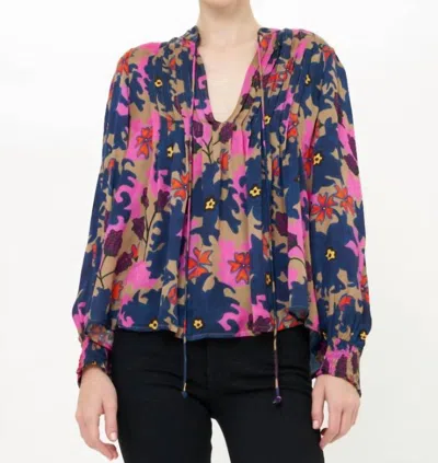 Oliphant V-neck Pintuck Blouse In Suzani Navy In Multi