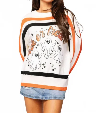 Queen Of Sparkles Trick Or Treat Long Sleeve Sweater In White, Black, & Orange Stripe. In Black