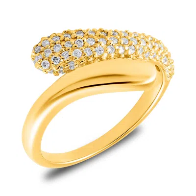 Maxcolor 18k Gold Plated Bypass Vermeil Lab Grown Diamond Signet Ring In Gold