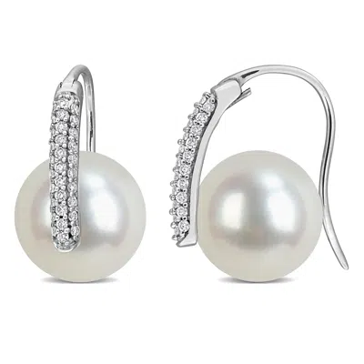 Mimi & Max 12mm Cultured Freshwater Edison Pearl 3/8ct Tw Diamond Leverback Earrings 14k White Gold In Metallic