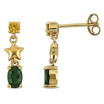 Mimi & Max 1 1/8ct Tgw Created Blue Spinel And Created Aquamarine Star Drop Earrings Yellow Silver In Gold