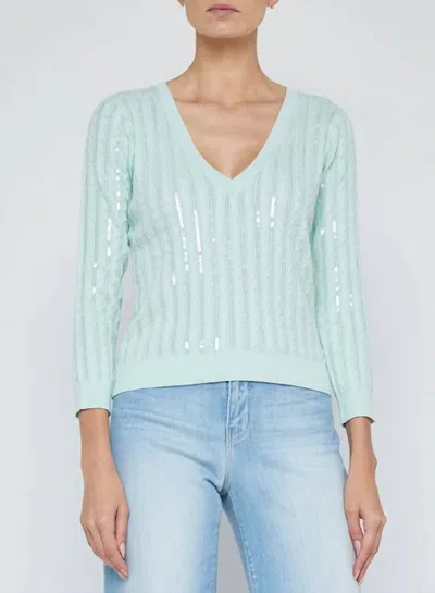L'agence Trinity Sequin Stripe Cable V-neck Sweater In Pale Jade In Green