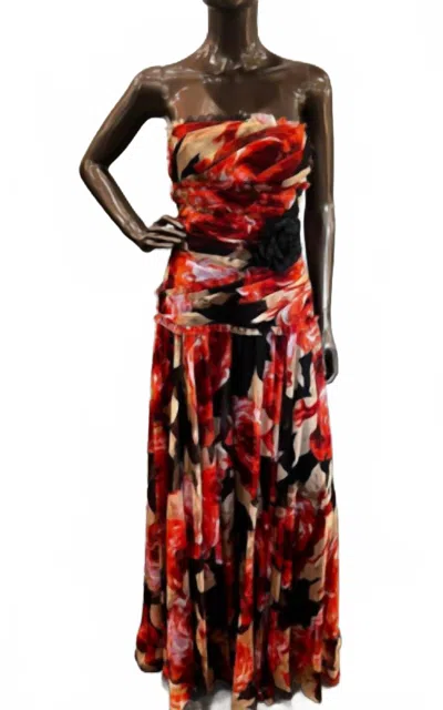 Js Collections Women's Strapless Chiffon Floral Printed Long Dress In Orange/black In Brown