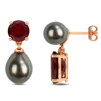 Mimi & Max 8-10.5mm Cultured Tahitian Pearl 6 4/5ct Tgw Garnet Mismatched Drop Earrings Rose Silver In Gold