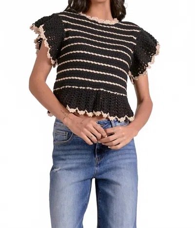 Elan Crochet Frills Top In Black/natural In Multi