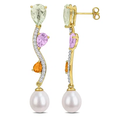 Mimi & Max 9mm Cultured Freshwater Pearl 10 3/4ct Tgw Blue Topaz Citrine White Topaz Earrings Yellow Silver In Gold