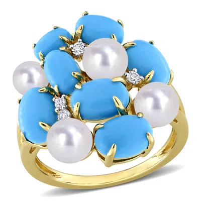 Mimi & Max 4mm Cultured Freshwater Pearl 5 5/8ct Tgw Created Turquoise Created White Sapphire Ring Yellow Silve In Multi