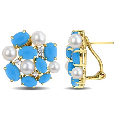 Mimi & Max 4mm Cultured Freshwater Pearl 11 1/5ct Tgw Created Turquoise Created White Sapphire Earrings Yellow  In Blue