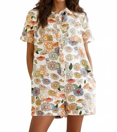 Storia Printed Denim Romper In Multi In Brown