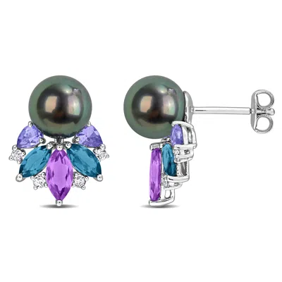 Mimi & Max 8mm Pink Cultured Freshwater Pearl 2 1/10ct Tgw Blue Topaz Pink White Topaz Earrings Sterling Silver In Multi