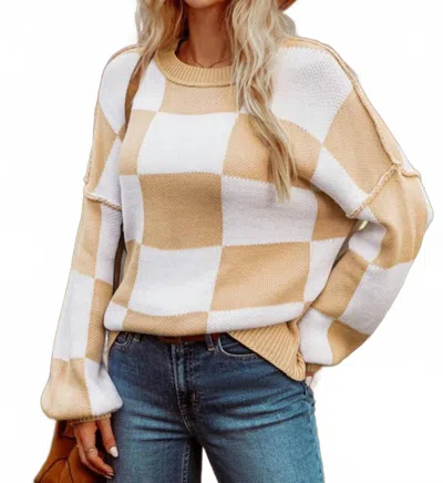 Fashionworks Checkered Bishop Sleeve Sweater In Tan In Multi