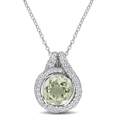 Mimi & Max 4ct Tgw Green Prasiolite And White Topaz Halo Pendant With Chain Sterling Silver-17 In In Metallic