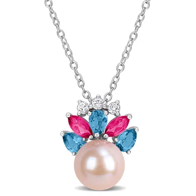 Mimi & Max 8mm Pink Cultured Freshwater Pearl Pink London Blue White Topaz Necklace Sterling Silver In Metallic