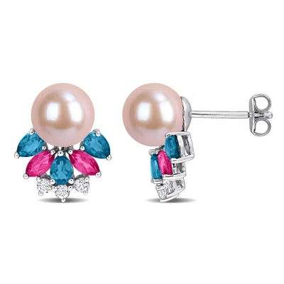 Mimi & Max 8mm Pink Cultured Freshwater Pearl 2 1/10ct Tgw Blue Topaz Pink White Topaz Earrings Sterling Silver In Multi