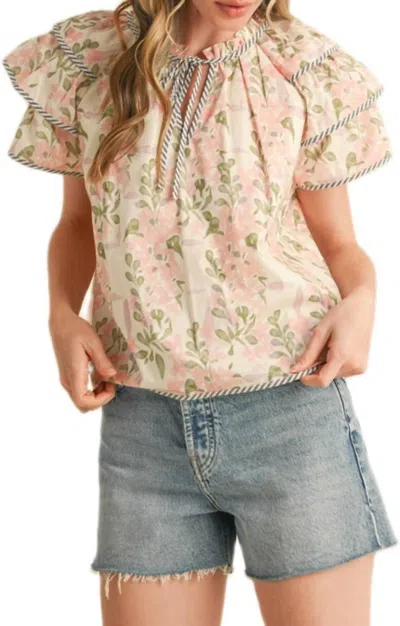 Merci Flutter Sleeve Top In Pink Multi In Neutral