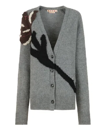 Marni Grey Alpaca Wool Cardigan With Flower Patch In Gray