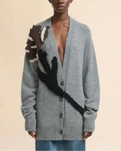 Marni Grey Alpaca Wool Cardigan With Flower Patch In Gray